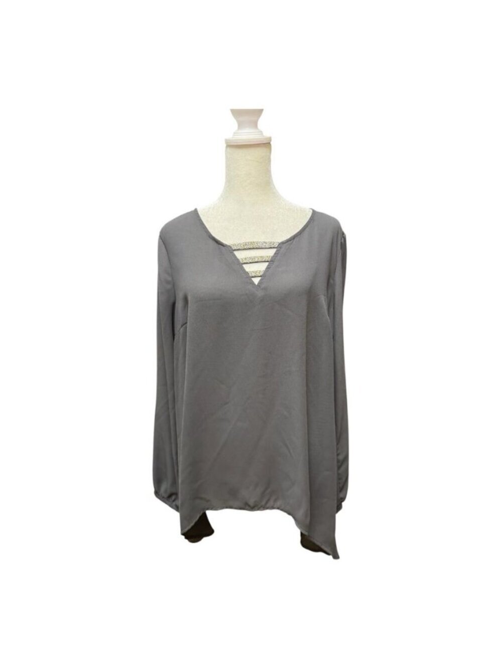 Juicy Couture Gray Embellished V Neck Blouse Long Sleeve Size Large